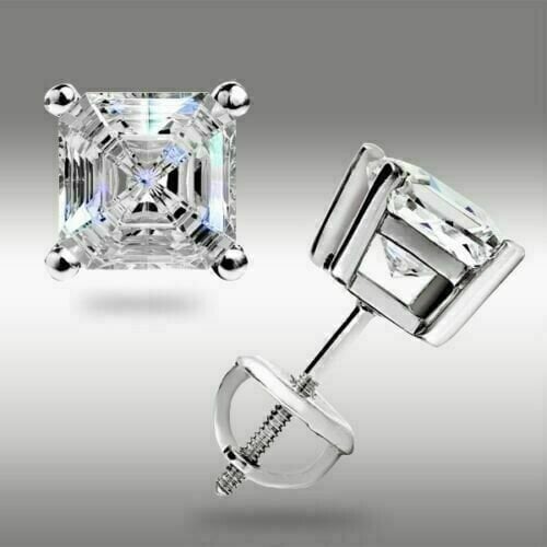 1.00 Ct Asscher Cut Moissanite Stud Screw Back Earrings 14k White Gold Plated 925 Sterling Silver