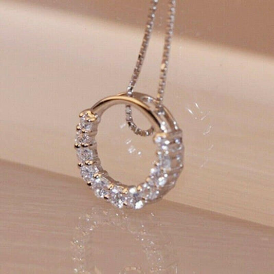 1.20 CT Round Cut Real Moissanite Circle Women's Pendant 14K White Gold Plated 925 Sterling Silver