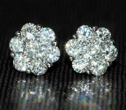 1.50 Ct Round Cut Moissanite Cluster Stud Earrings 14K White Gold Plated 925 Sterling Silver