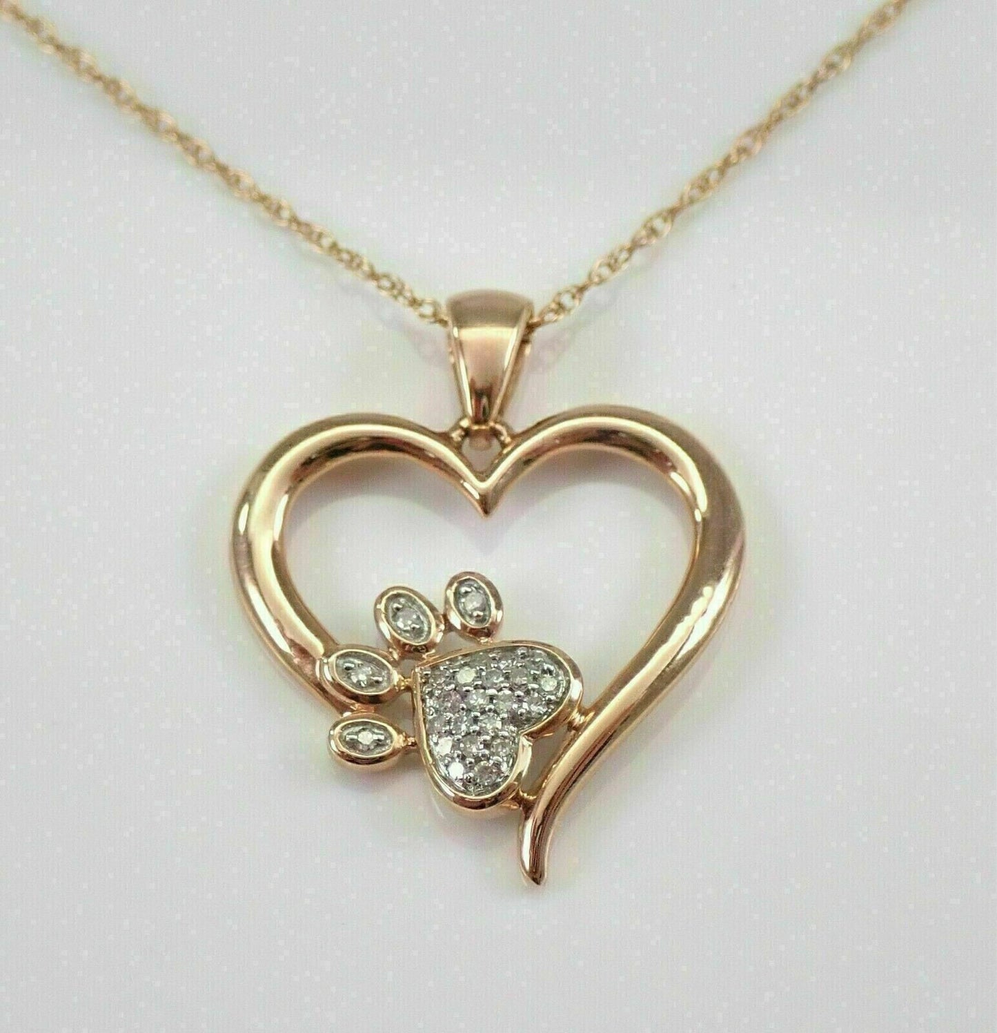 0.50Ct Round Real Moissanite Paw Print Heart Pendant Chain 14k Yellow Gold Finish 925 Sterling Silver