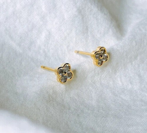 0.18 Ct Natural Moissanite Bezel Set Flower Stud Earrings 14K Yellow Gold Plated In 925 Sterling Silver