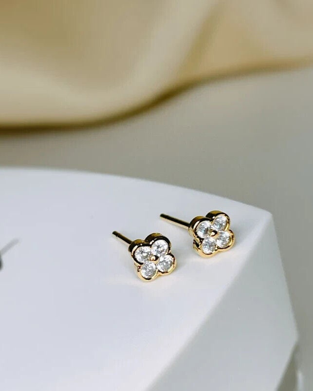 0.18 Ct Natural Moissanite Bezel Set Flower Stud Earrings 14K Yellow Gold Plated In 925 Sterling Silver