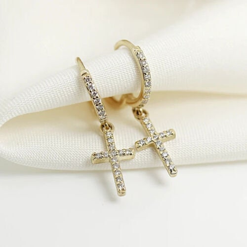 1 Ct Natural Moissanite Christian Huggies Cross Earrings 14K Yellow Gold Plated 925 Sterling Silver