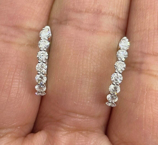 1.00 Ct Round Cut Real Moissanite Huggie Hoop Earrings 14K White Gold Plated 925 Sterling Silver