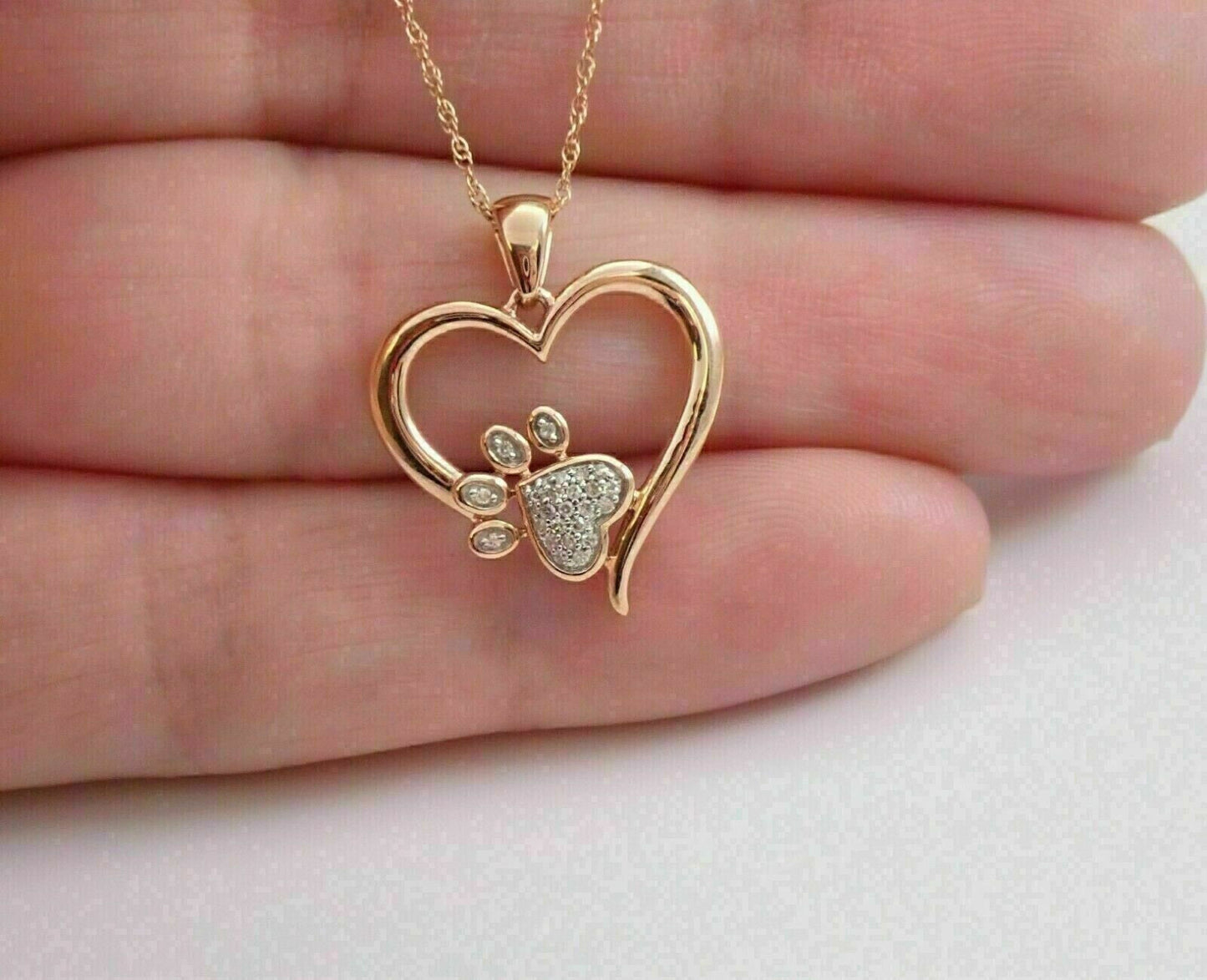 0.50Ct Round Real Moissanite Paw Print Heart Pendant Chain 14k Yellow Gold Finish 925 Sterling Silver