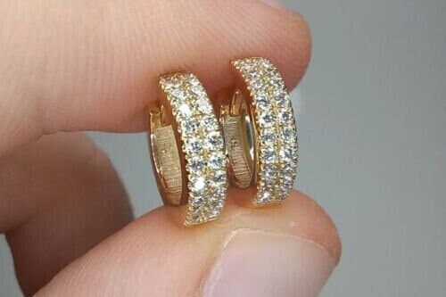 1.50 Ct Round Natural Moissanite Double Row Hoop Earrings 14K Yellow Gold Plated 925 Sterling Silver