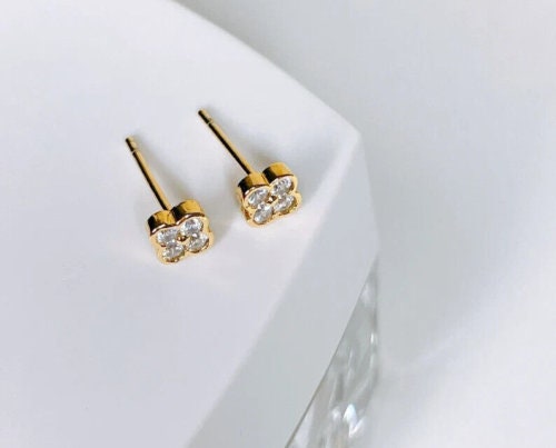 0.18 Ct Natural Moissanite Bezel Set Flower Stud Earrings 14K Yellow Gold Plated In 925 Sterling Silver