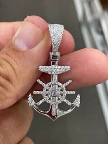 1.20Ct Round Cut Real Moissanite Anchor Pendant 14K White Gold Plated 925 Sterling Silver