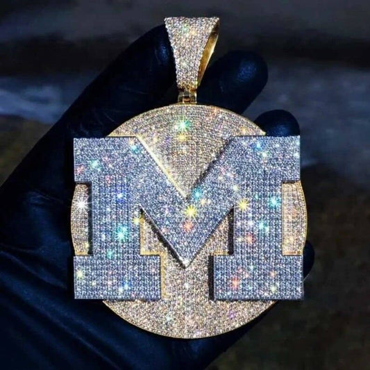 Real Moissanite Gold Plated 925 Sterling Silver Men's Customize Letter M Pendant 3.5 Inch